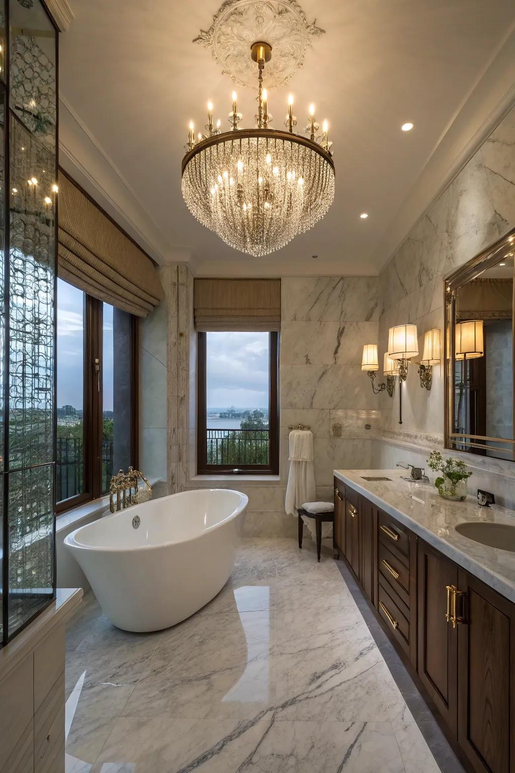 An opulent chandelier enhances the elegance of this bathroom.