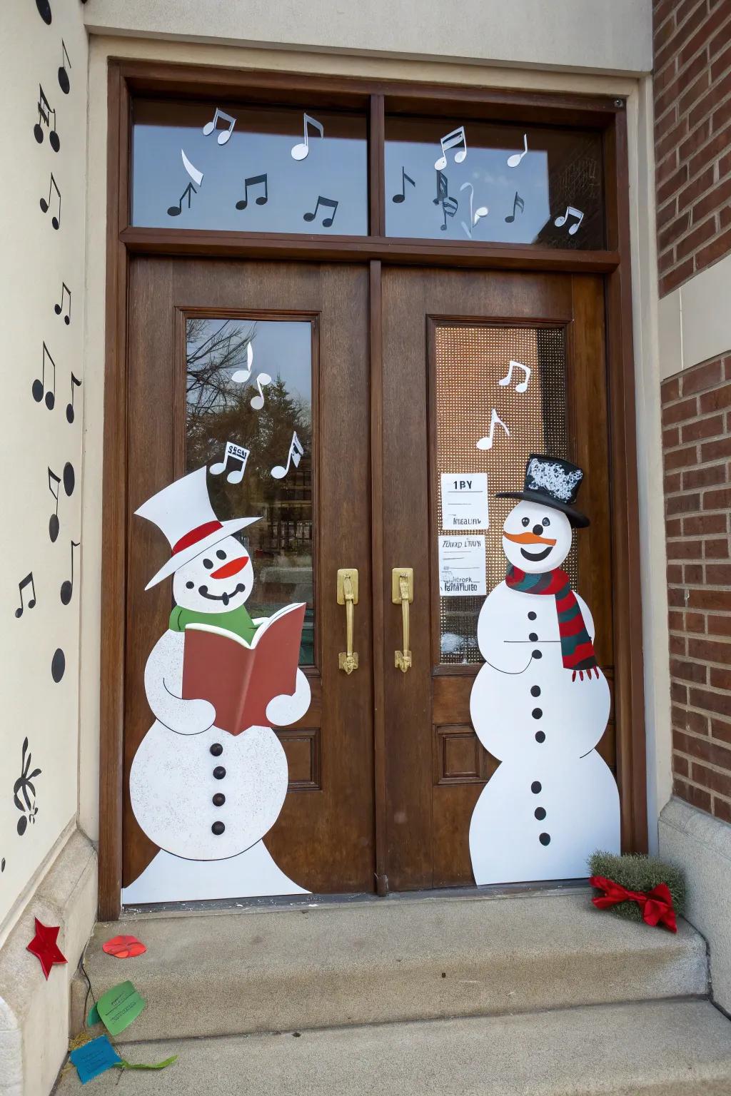 Harmonizing snowfolk convey a melodic and jovial ambiance to your holiday portal.