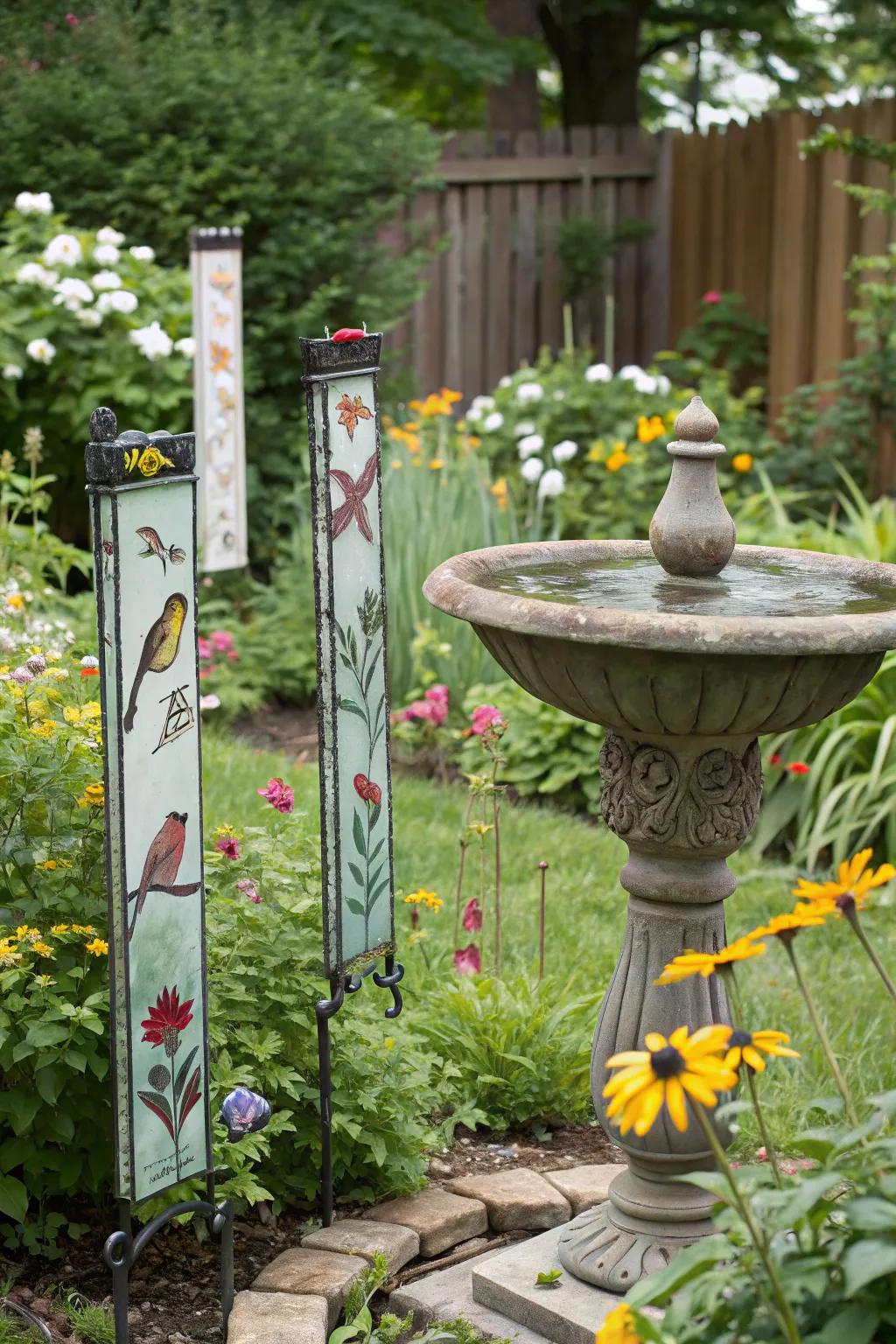 Bird-themed glass decorations enhancing the natural elegance of the garden.