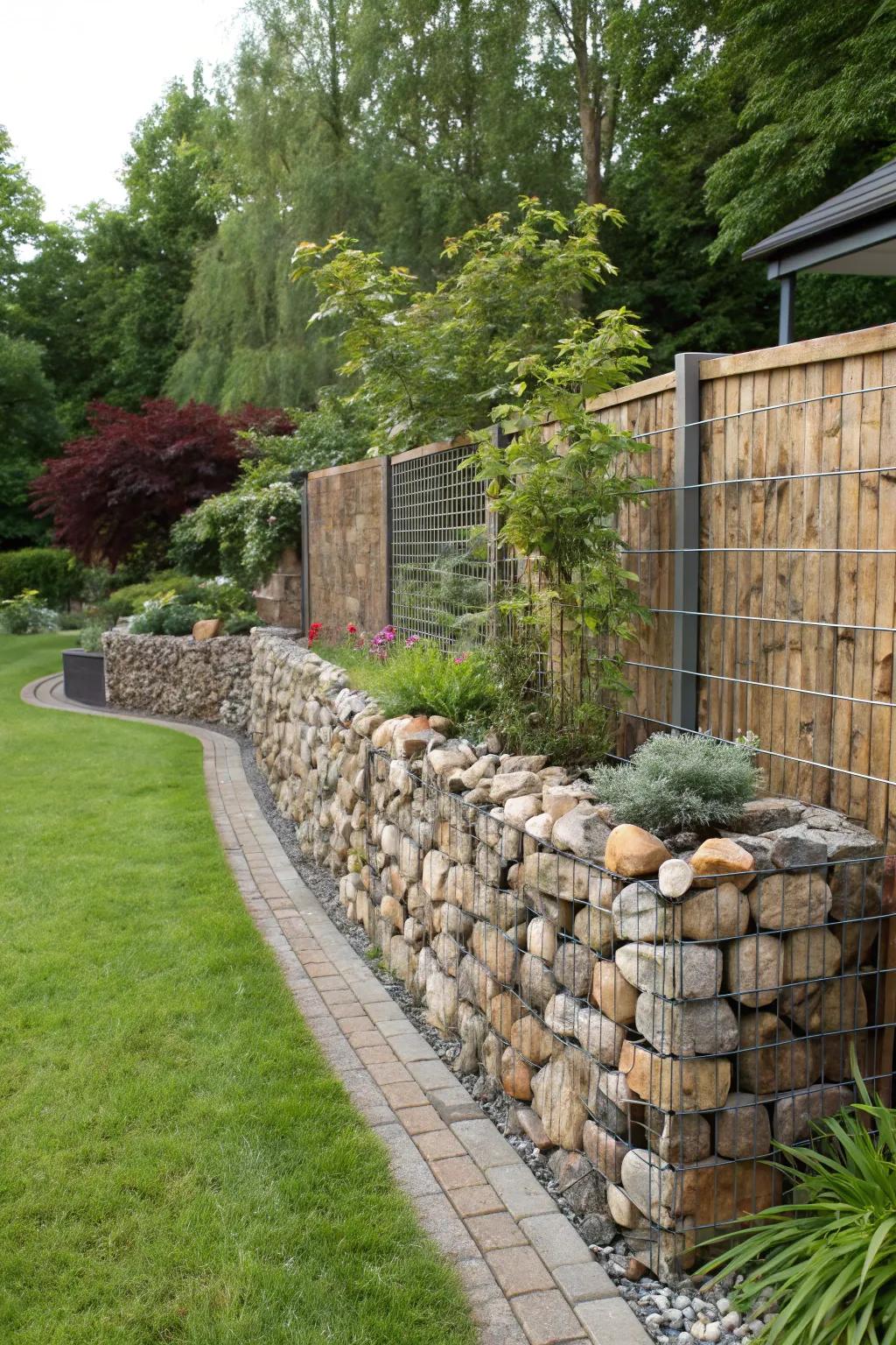 Achieve harmony by integrating gabion fences with the landscape.