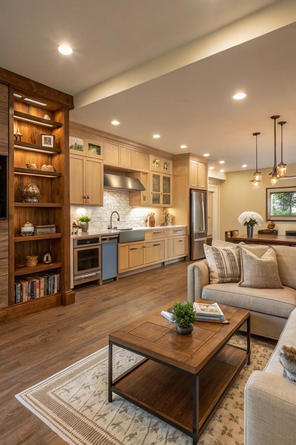 Consistent color palettes tie the kitchen and living spaces together.