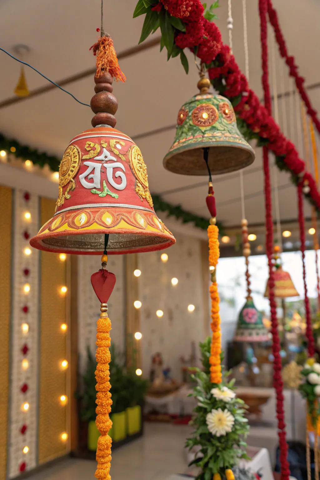 Hanging bells and chimes, adding a serene sonic element to the Ganesh Chaturthi decorations.