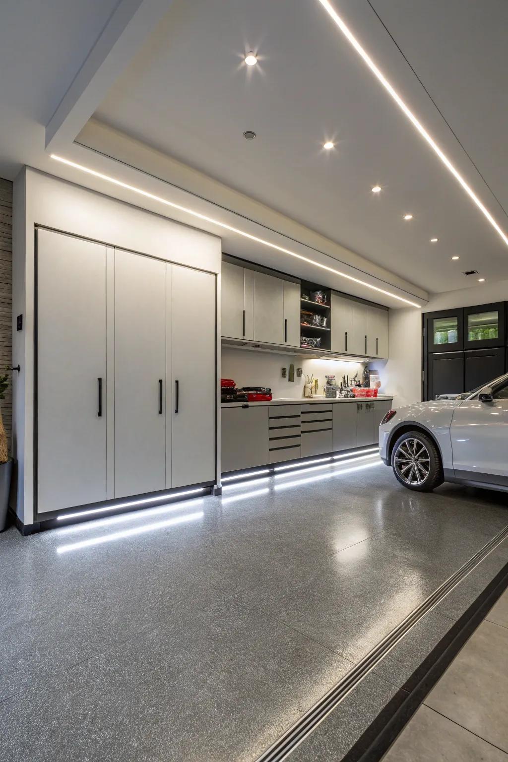 Baseboards equipped with integrated lighting add both functionality and modern appeal.