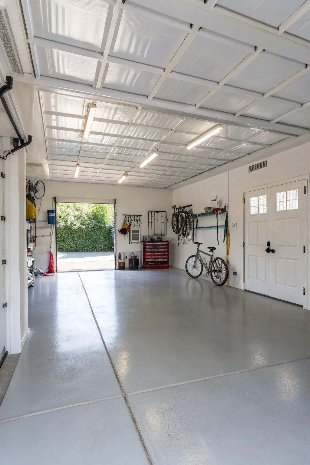 Radiant white paint amplifies radiance reflection, rendering the garage more spacious.