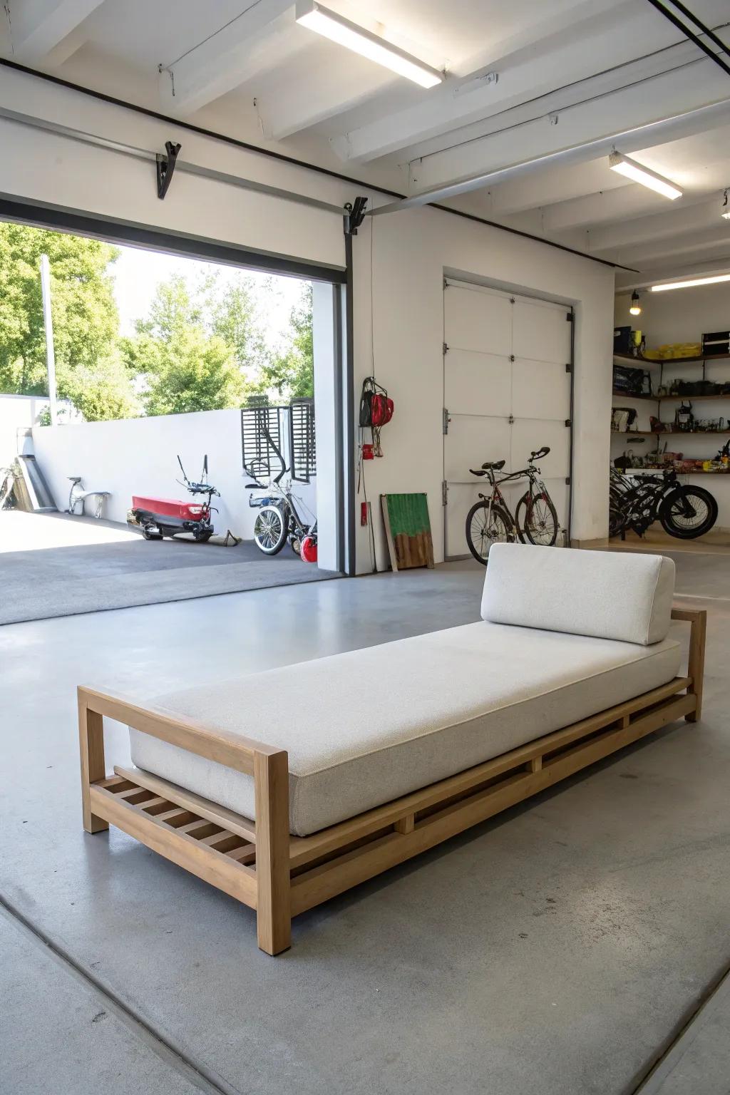 A minimalist resting platform presents a streamlined and serene addition to any garage.