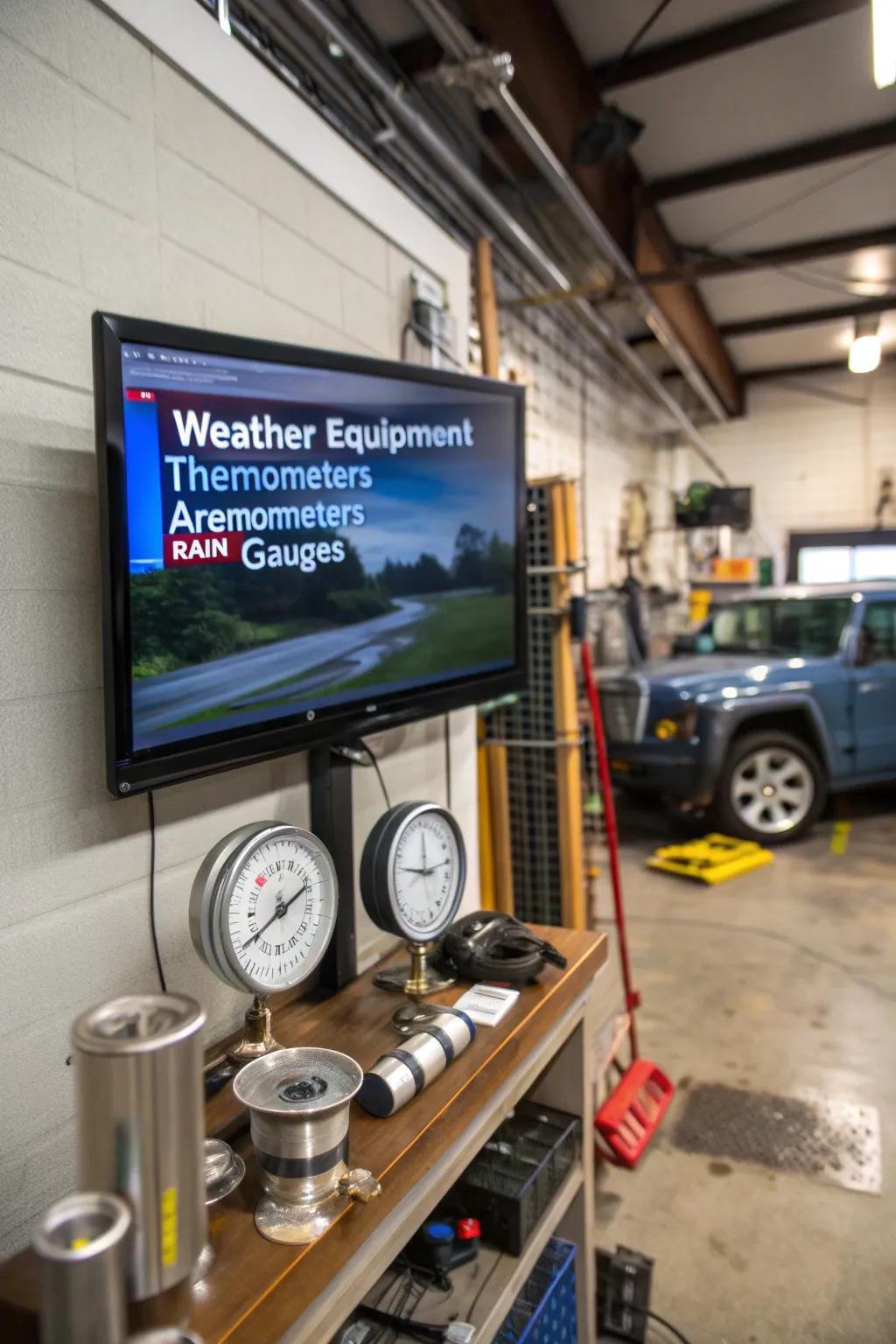 Stay informed with a weather tracking station and TV in your garage.