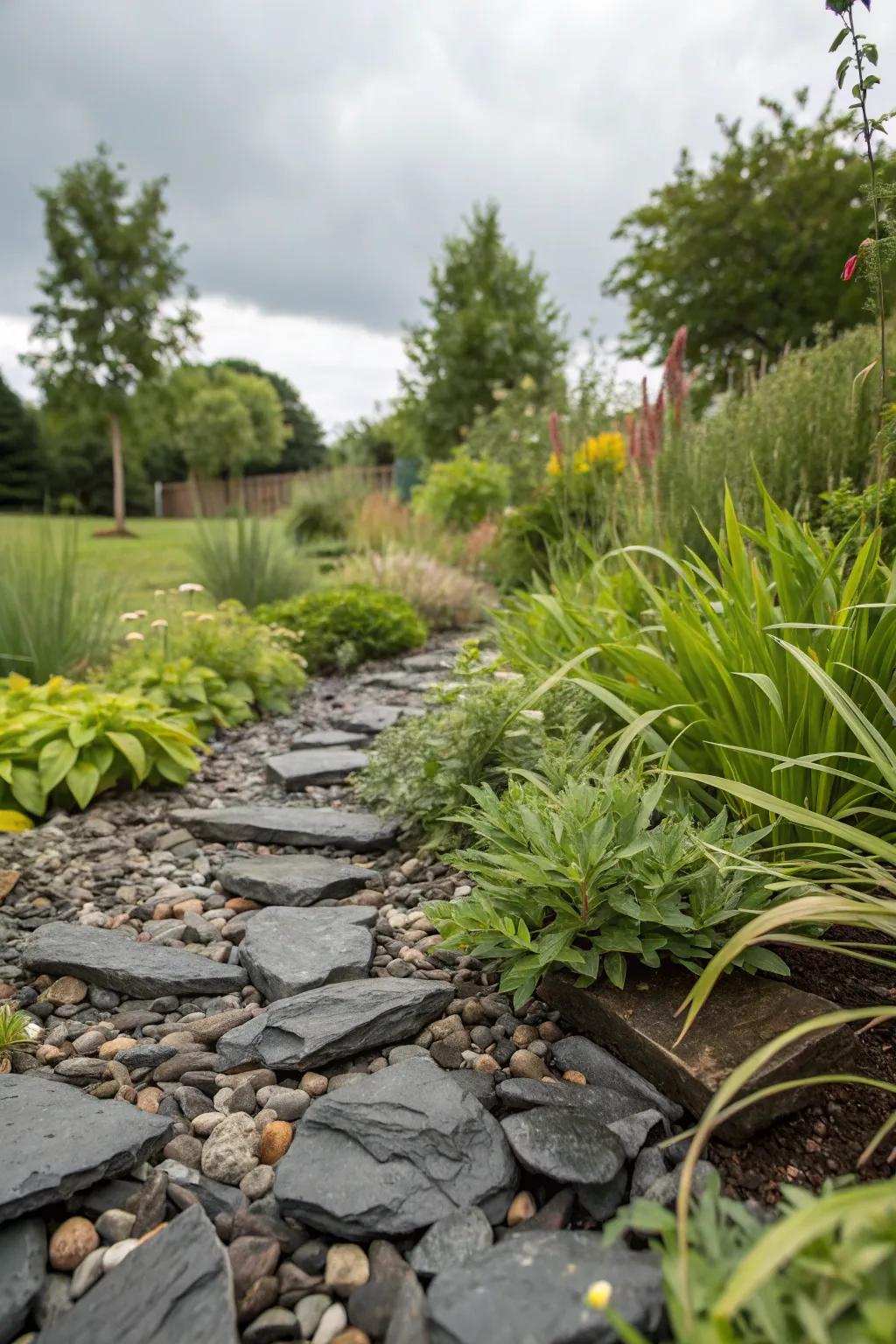 Enhance your garden with a sustainable rain garden using stone shards.