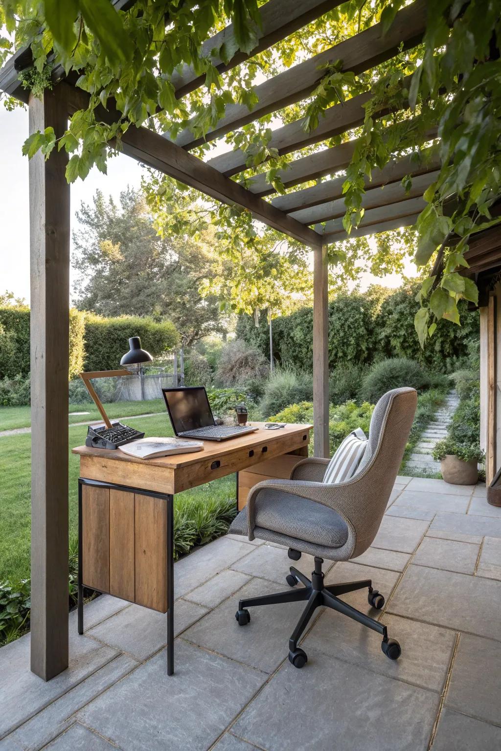 A unique under-pergola workspace, blending open-air vibes with getting things done.