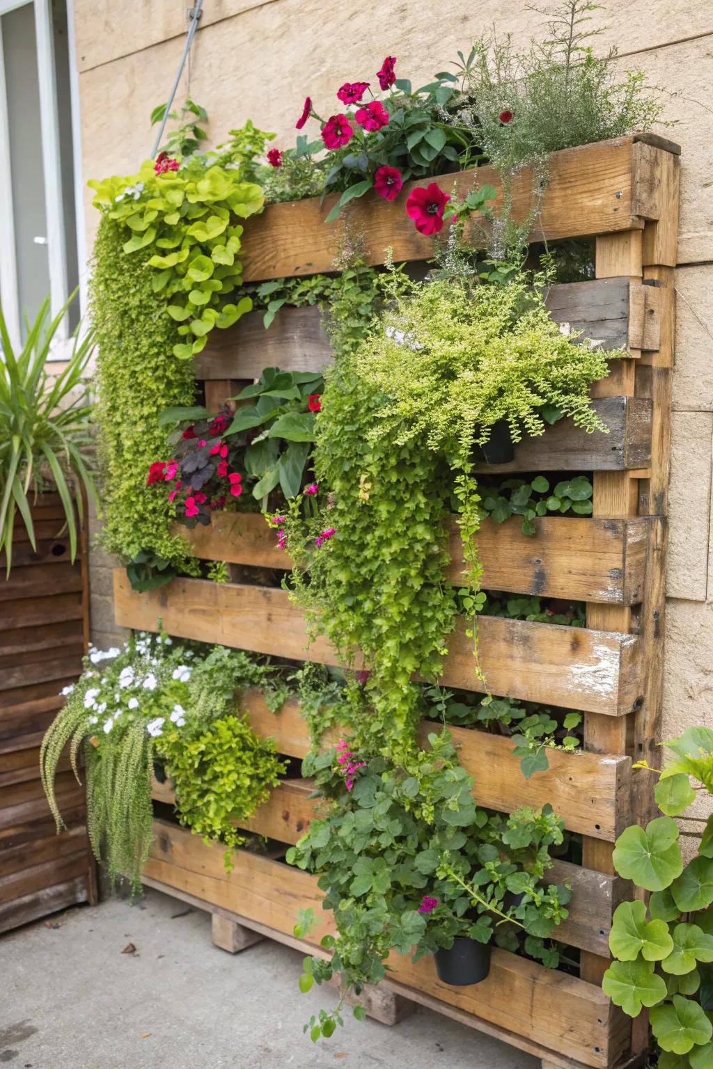 A creative upright garden infuses greenery and panache onto any wall.