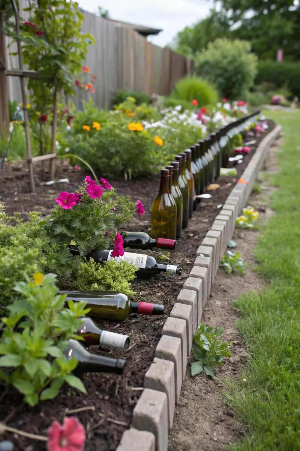 Wine bottles introduce a vibrant and creative touch to garden borders.