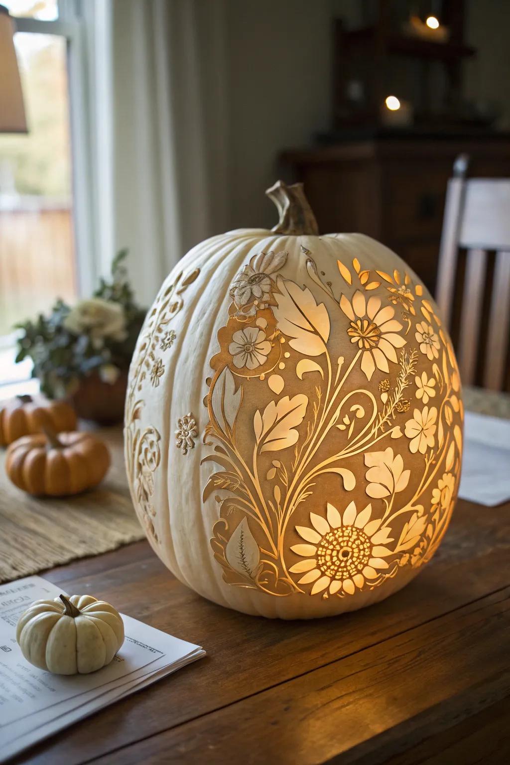 An elegant botanical dream gourd, adding sophistication to Halloween setting.