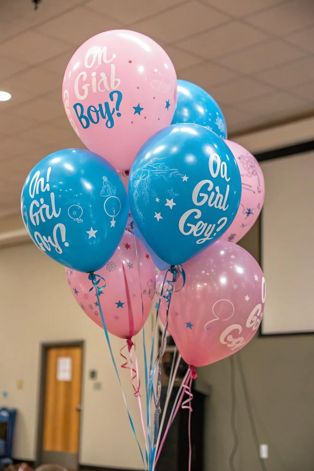 Gender reveal balloons build anticipation and delight for the big moment.