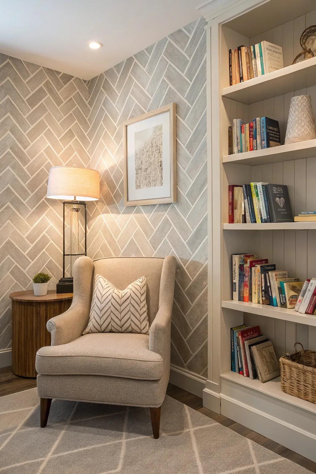 Add texture and spatial dimension with herringbone patterns.