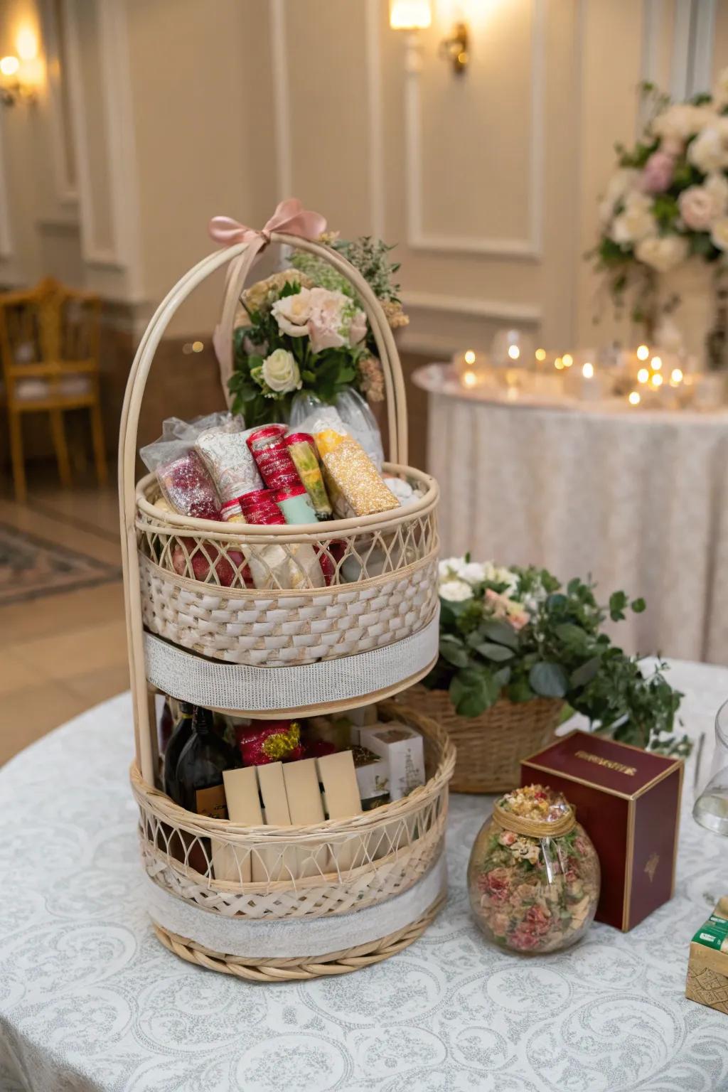 A multi-layered treasure-filled basket with surprises at each tier.
