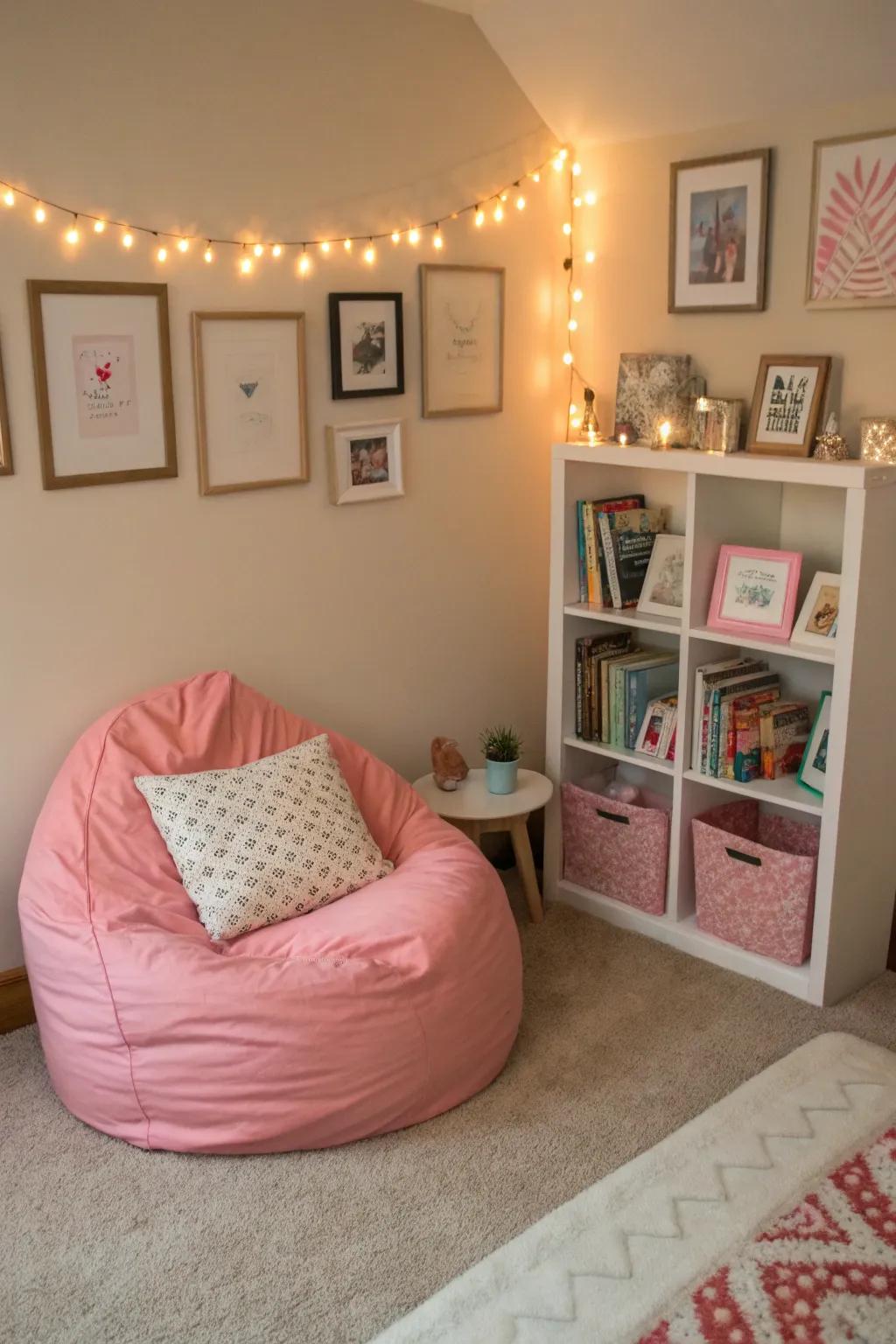 A cozy seating spot is perfect for relaxing or reading.