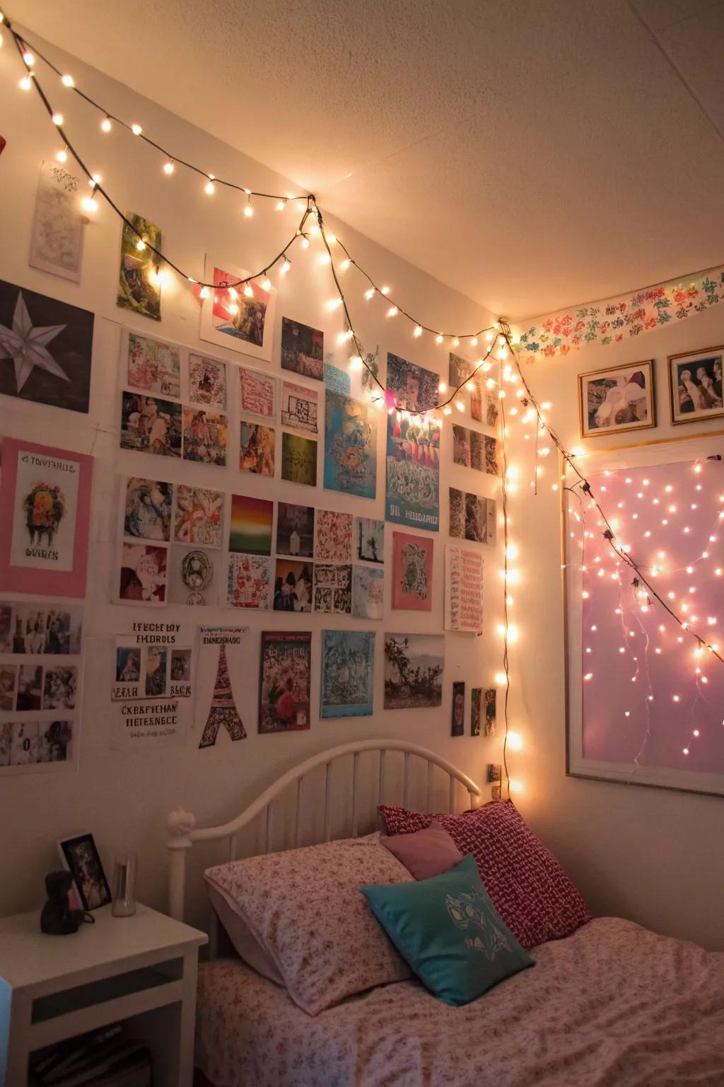 Fairy lights add a magical glow to the bedroom walls.