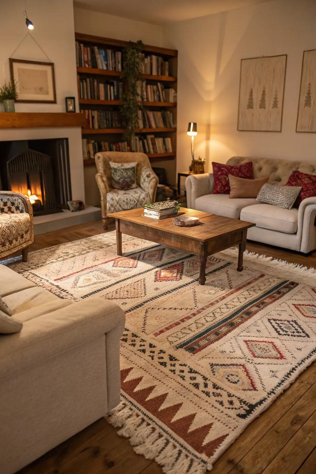 A stylish living space with layered floor coverings adding dimension.