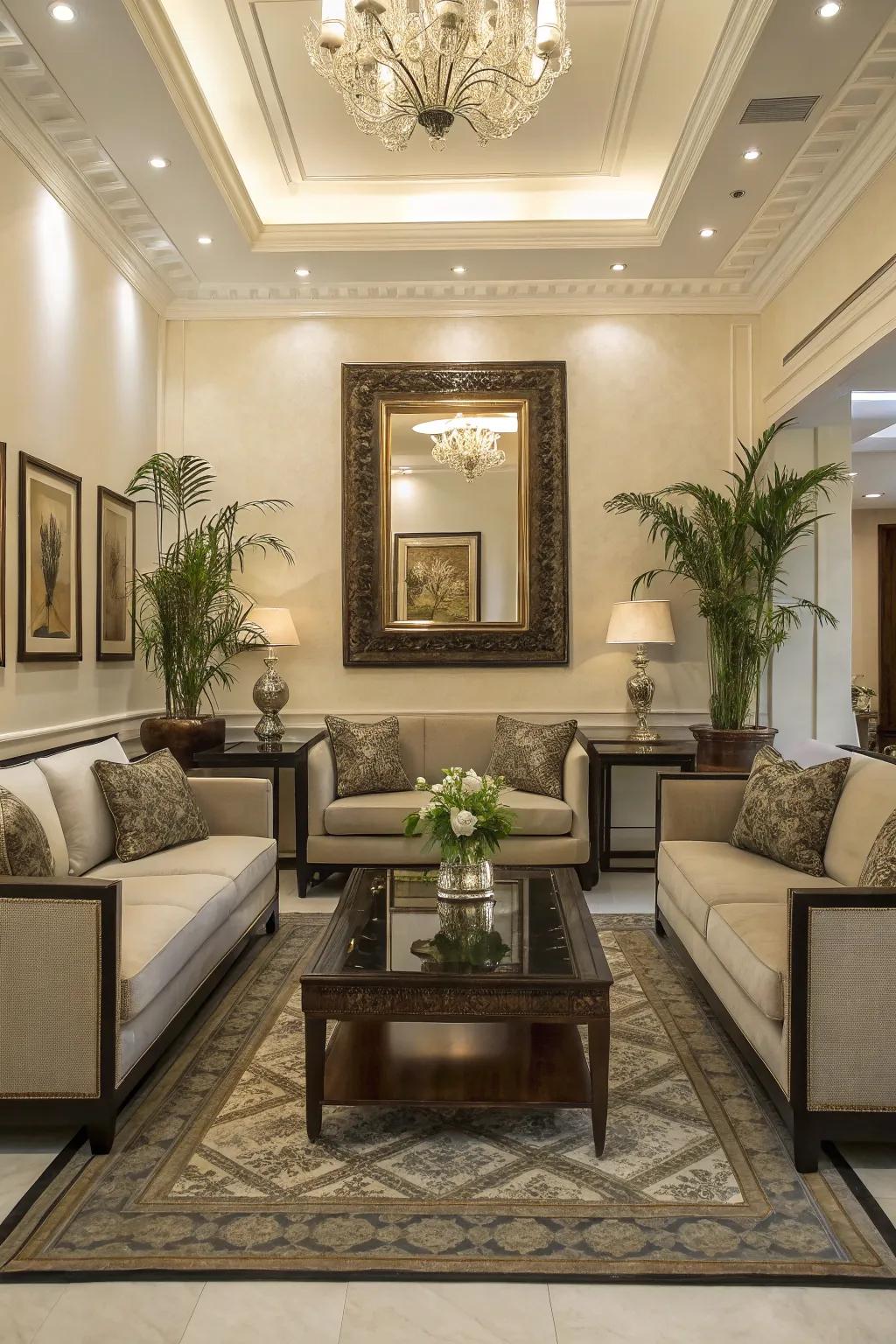 A balanced arrangement ensures cohesion and flow within a glamorous living room.