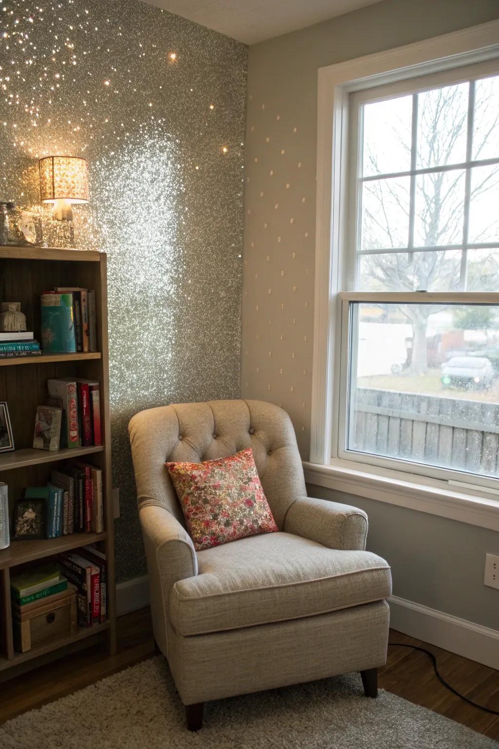 A shimmering wall adds charm to a reading nook.