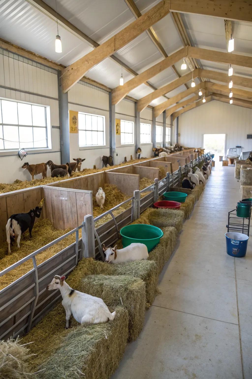 Integrated storage keeps this goat shelter organized and efficient.