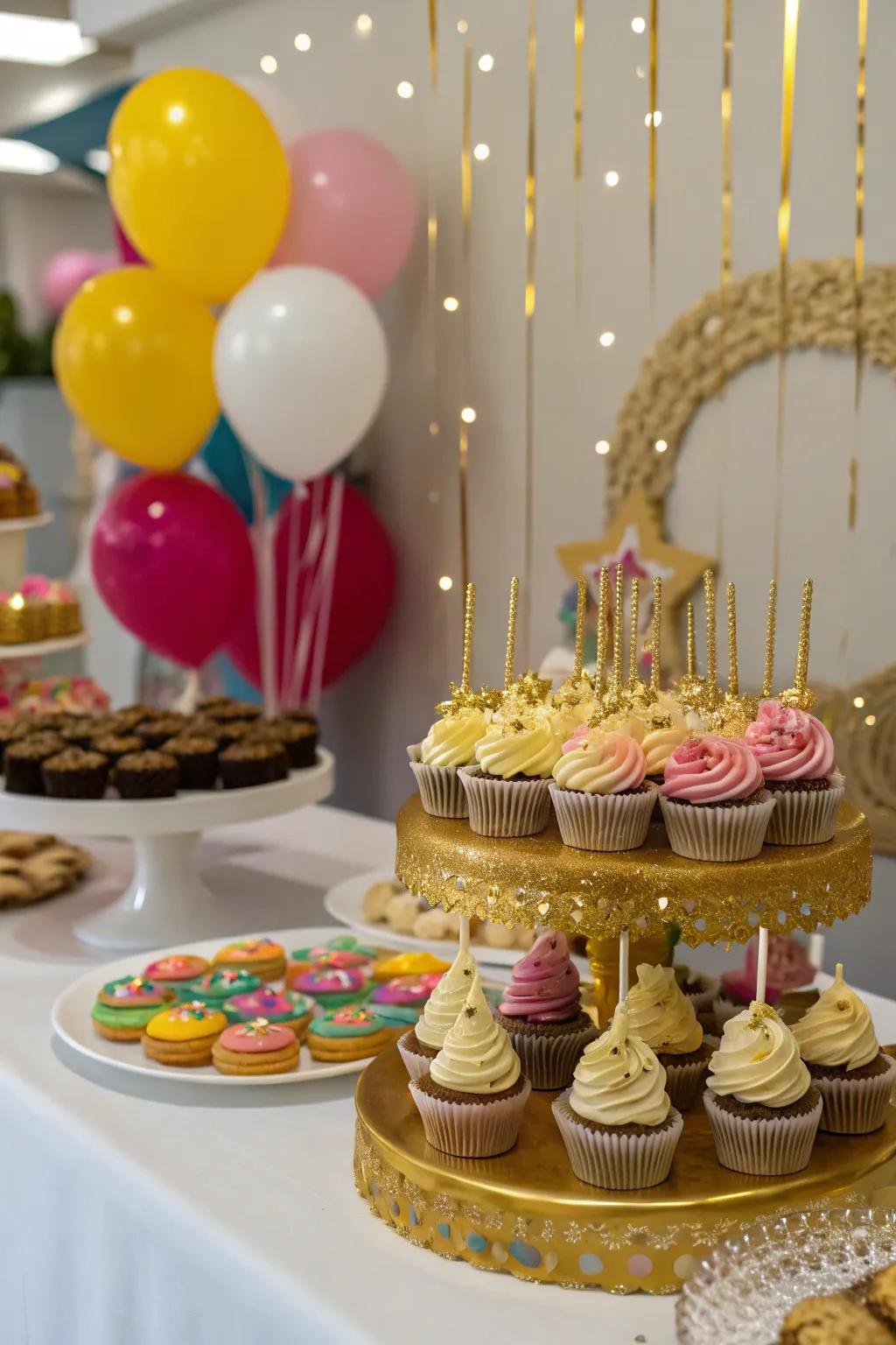 Elaborate sweet exposition exhibiting treats adorned with gold.
