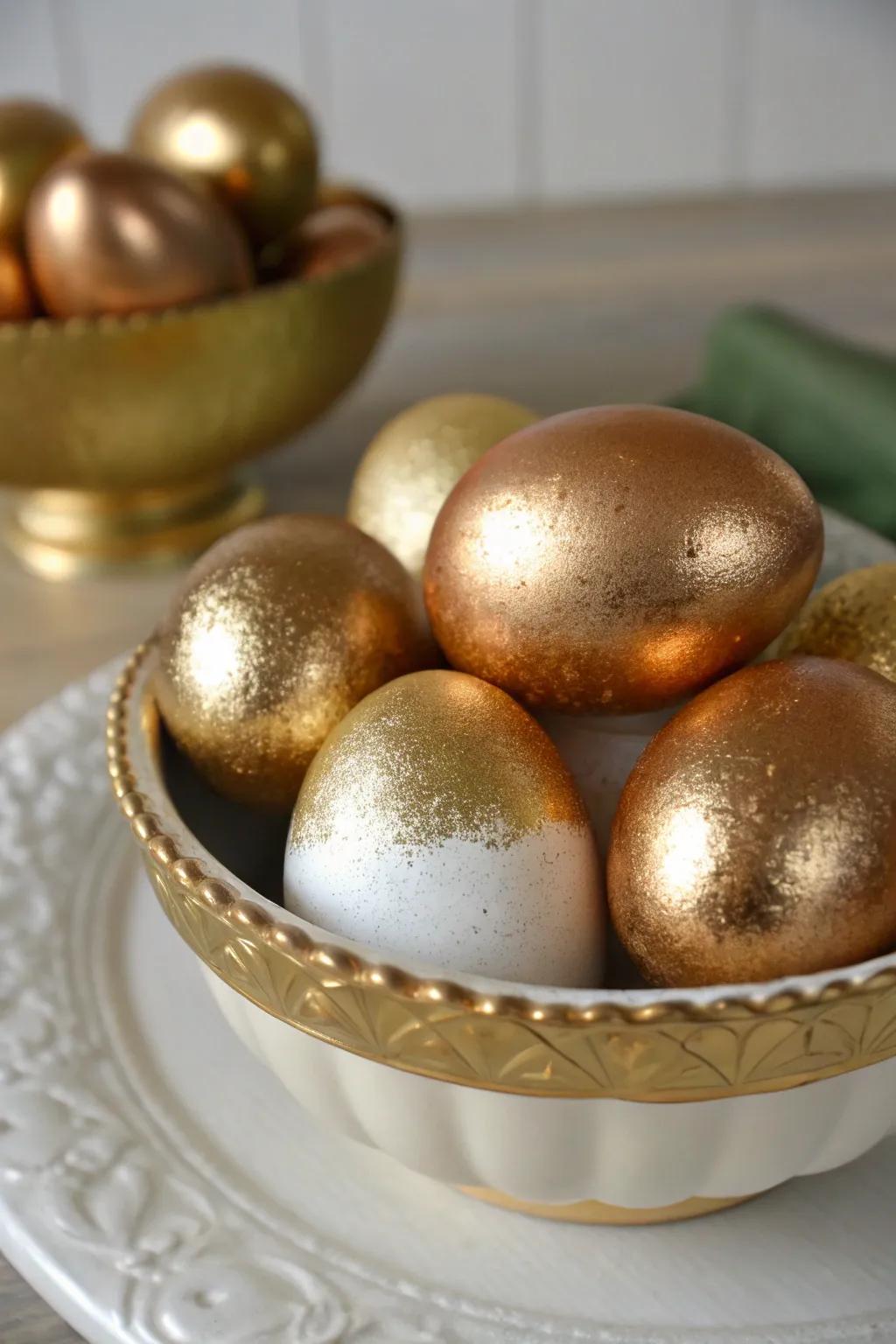 Gilded eggs with a gradient effect offer a stylish twist.