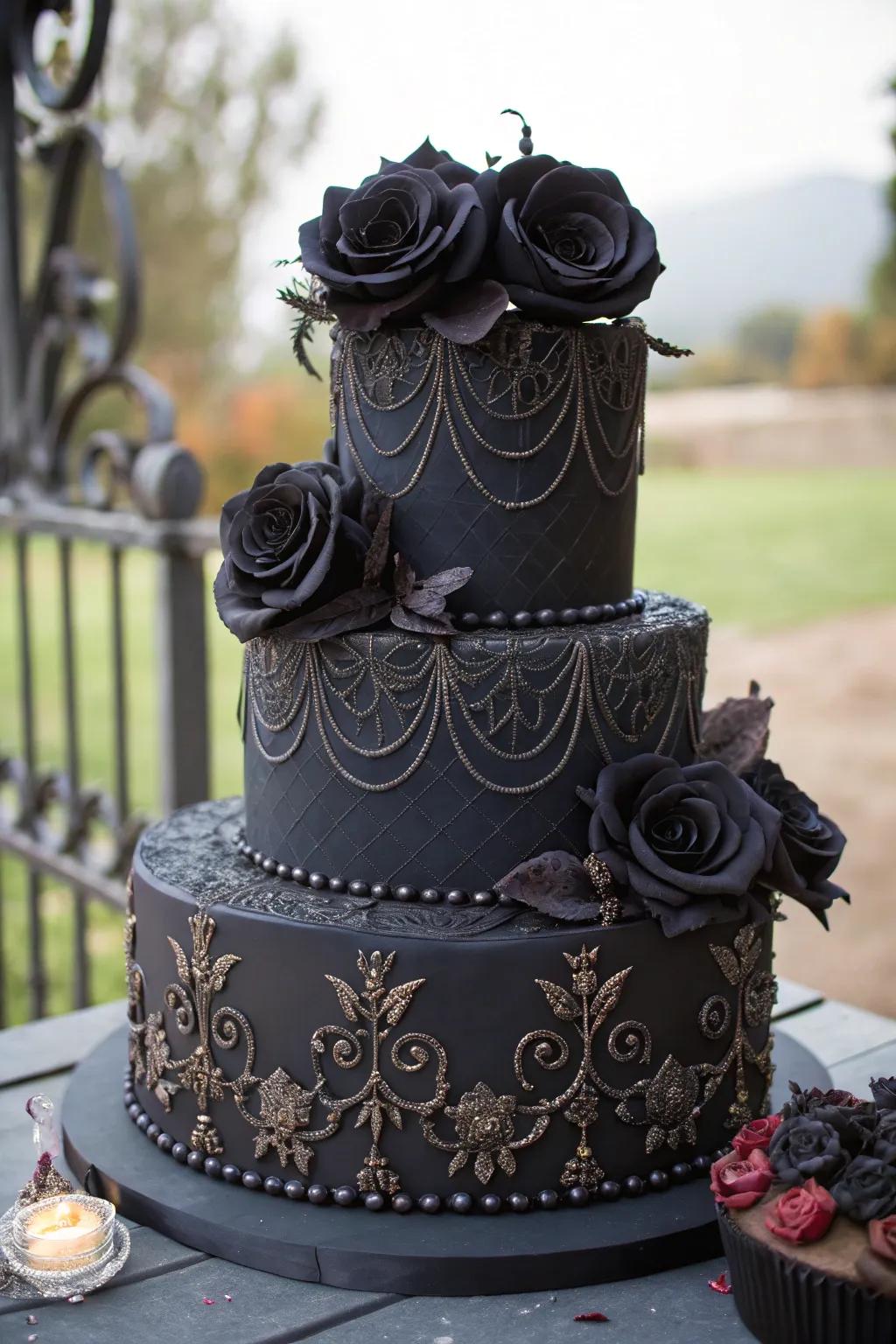 A gothic wedding cake embellished with sable roses and intricate designs.
