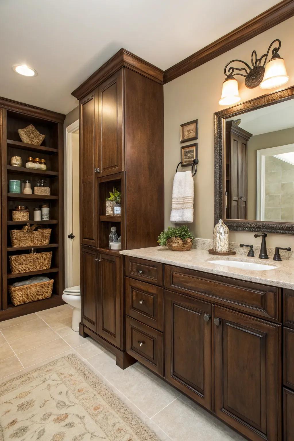 Shadowy timber aspects bring warmth and texture to the gothic washroom.