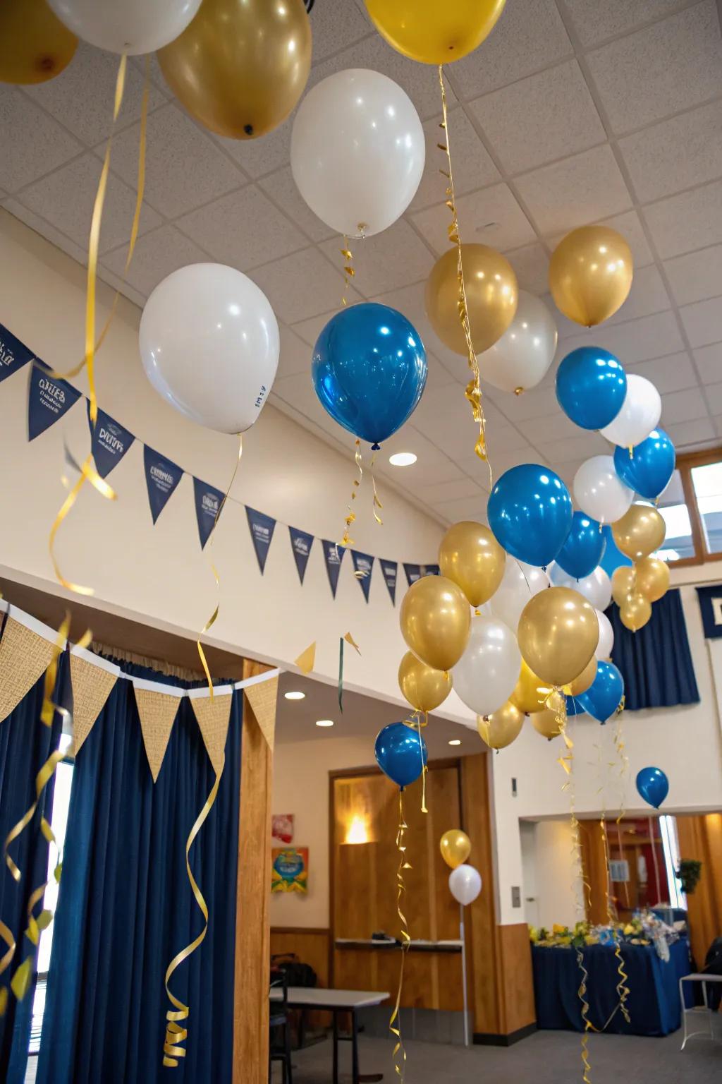 A room decorated with floating ceiling balloons creates a magical atmosphere.