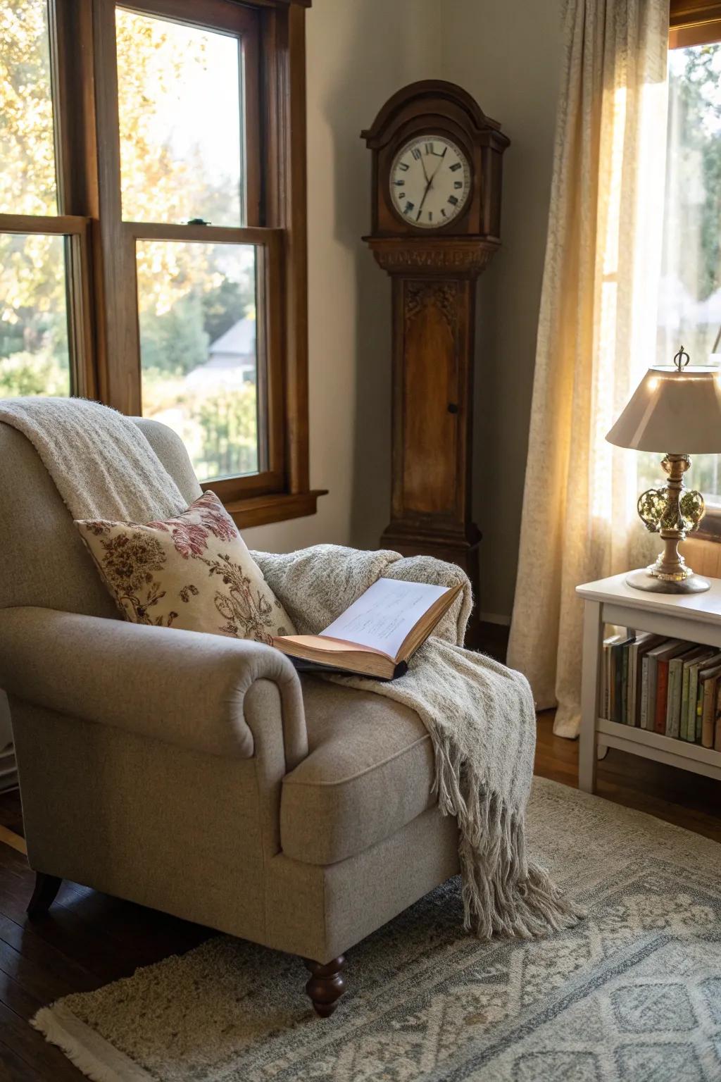 A time-honored timepiece brings a soothing presence to a bedroom reading nook.