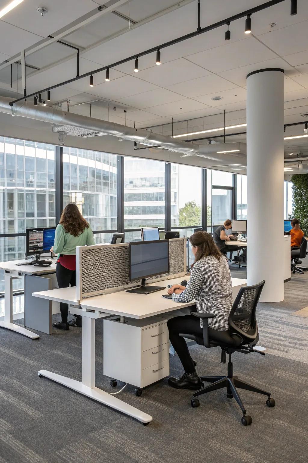 Adjustable workspaces accommodate various work styles and preferences.