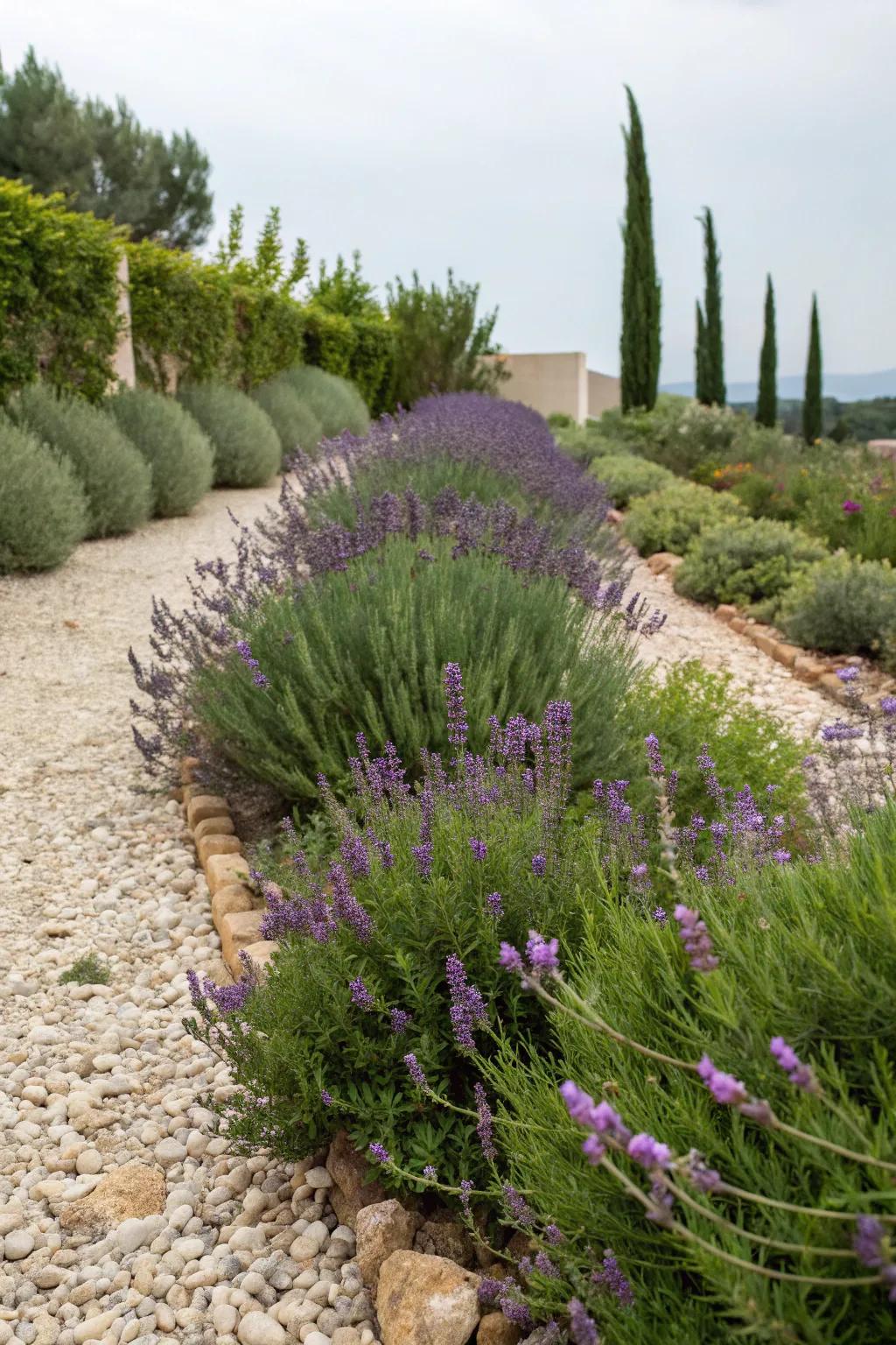 An Italian countryside-inspired pebble flower bed with fragrant plants