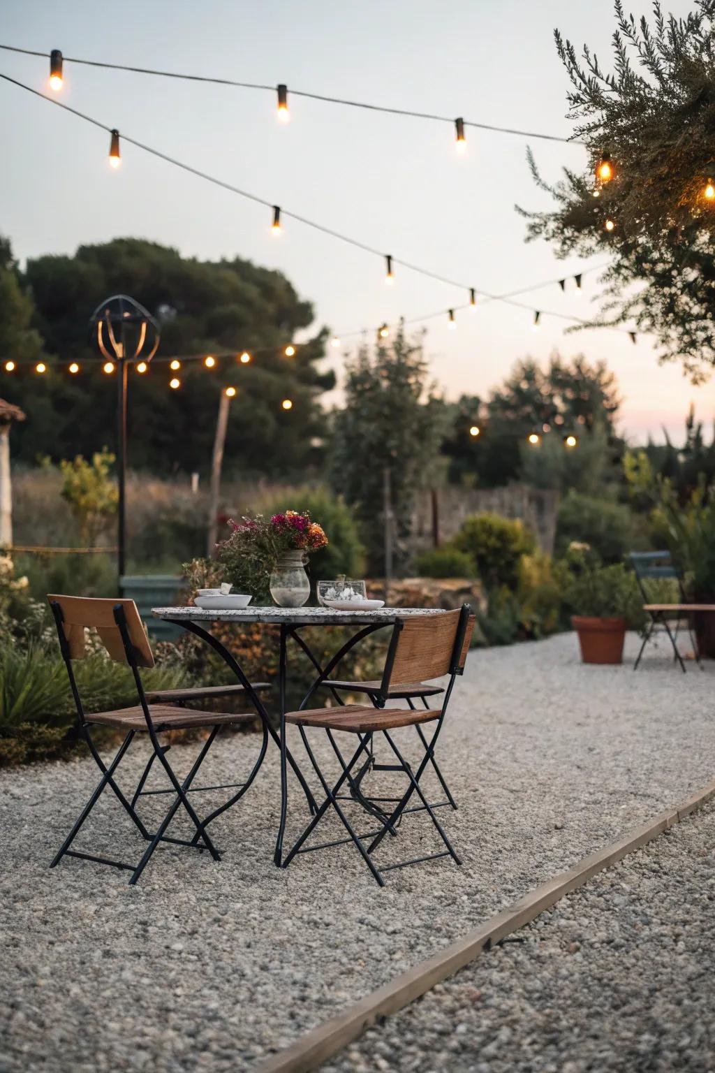 A gravel patio transformed into a delightful open-air feasting space.