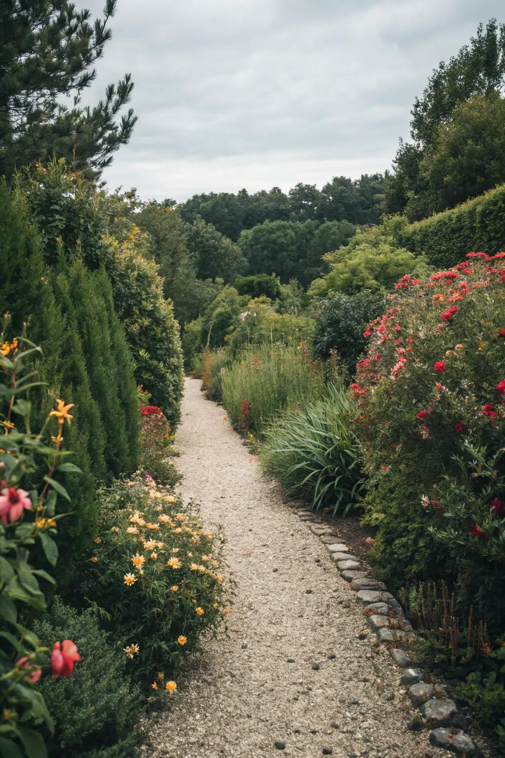 A gravel walkway enveloped by lush greenery