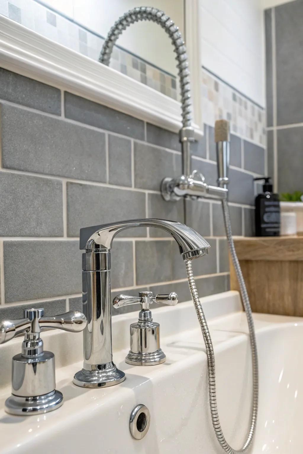 A sleek, contemporary look is achieved by polished metallic fixtures.