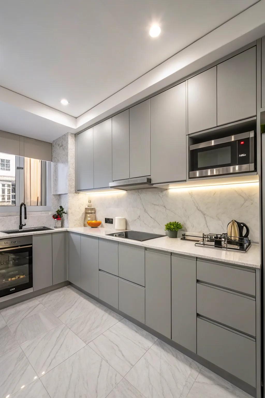 A minimalist aesthetic with gray cabinets cultivates a serene space.