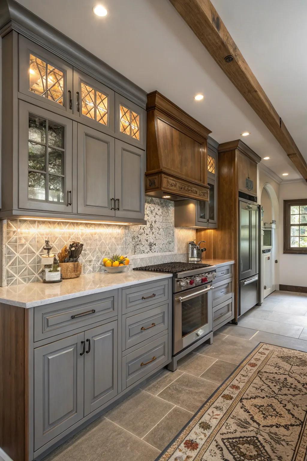 A hybrid cooking area displaying the adaptability of gray cabinets.