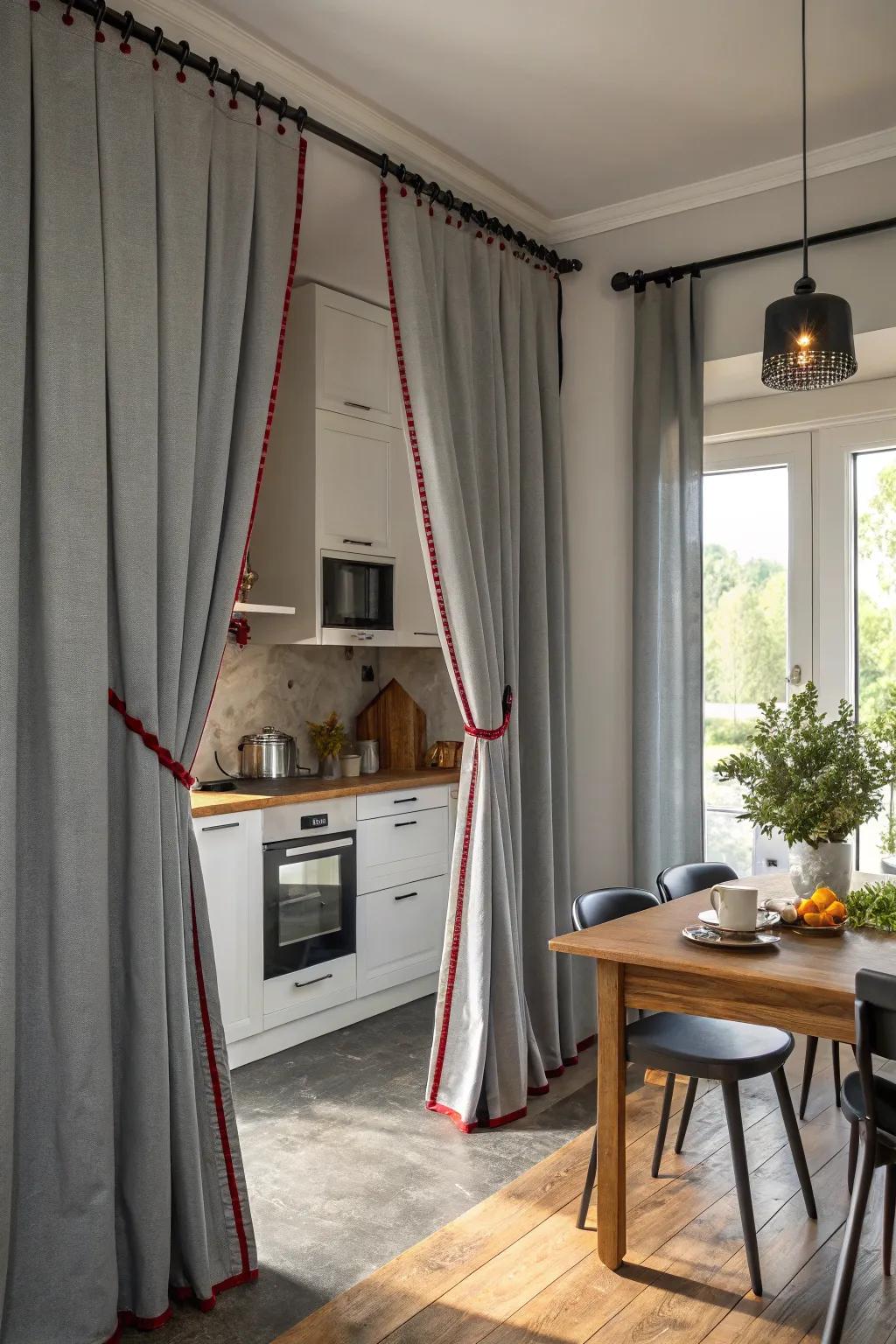 Ash drapes with contrasting borders for a striking visual component.