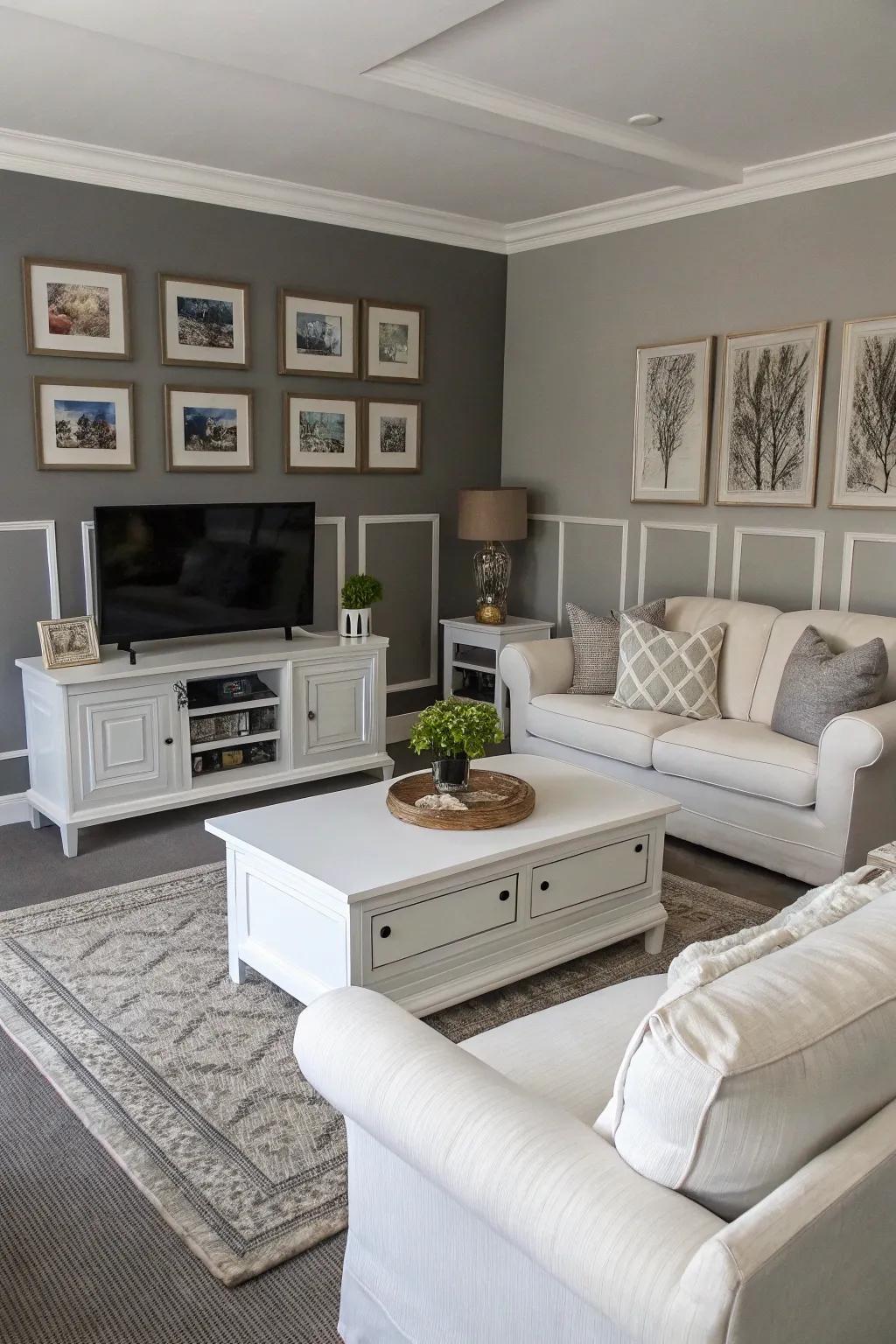 White accents to balance and brighten the room’s tone.