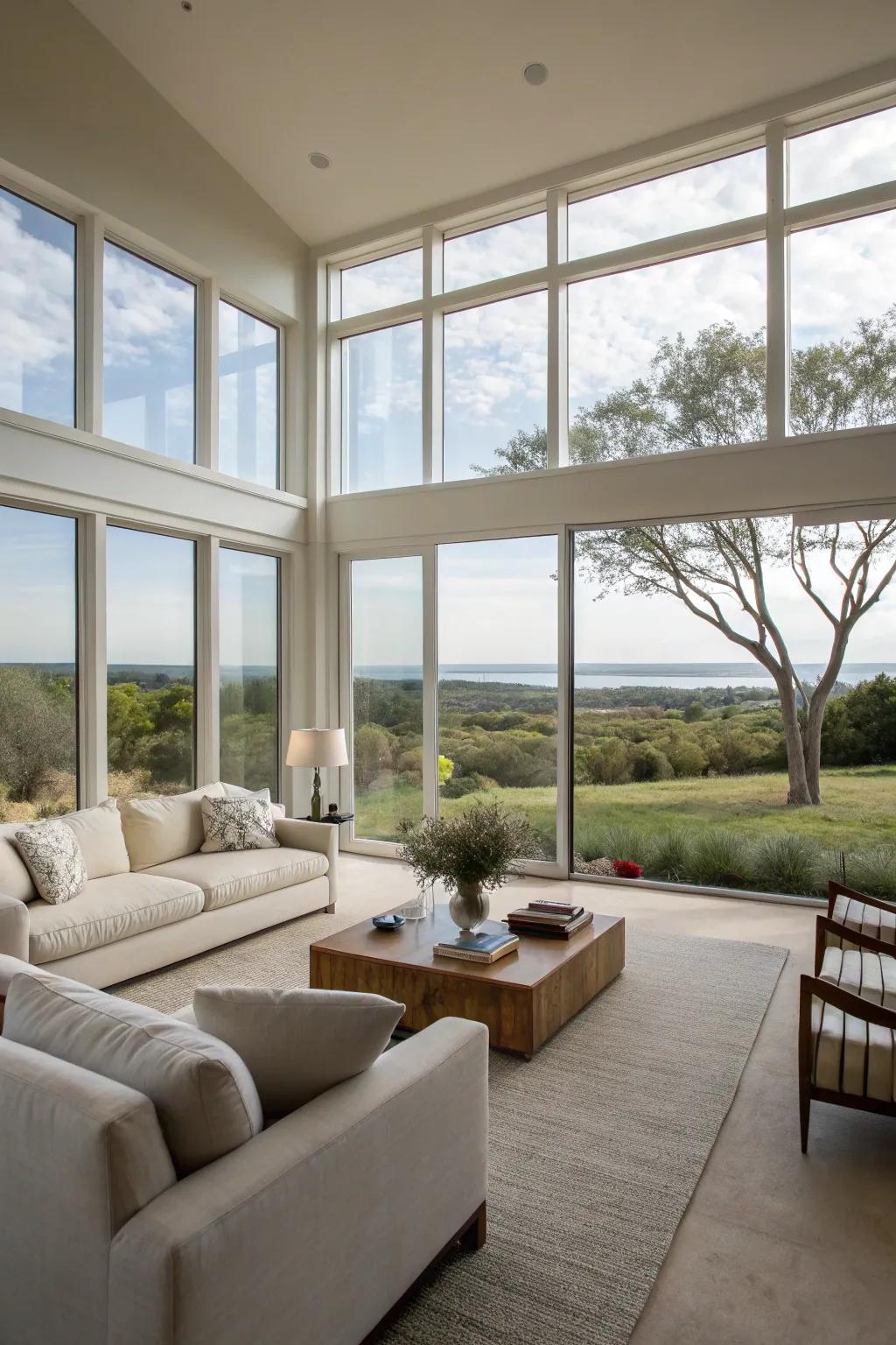 A complete window wall crafts an unhindered connection linking the living area and the splendor of nature.