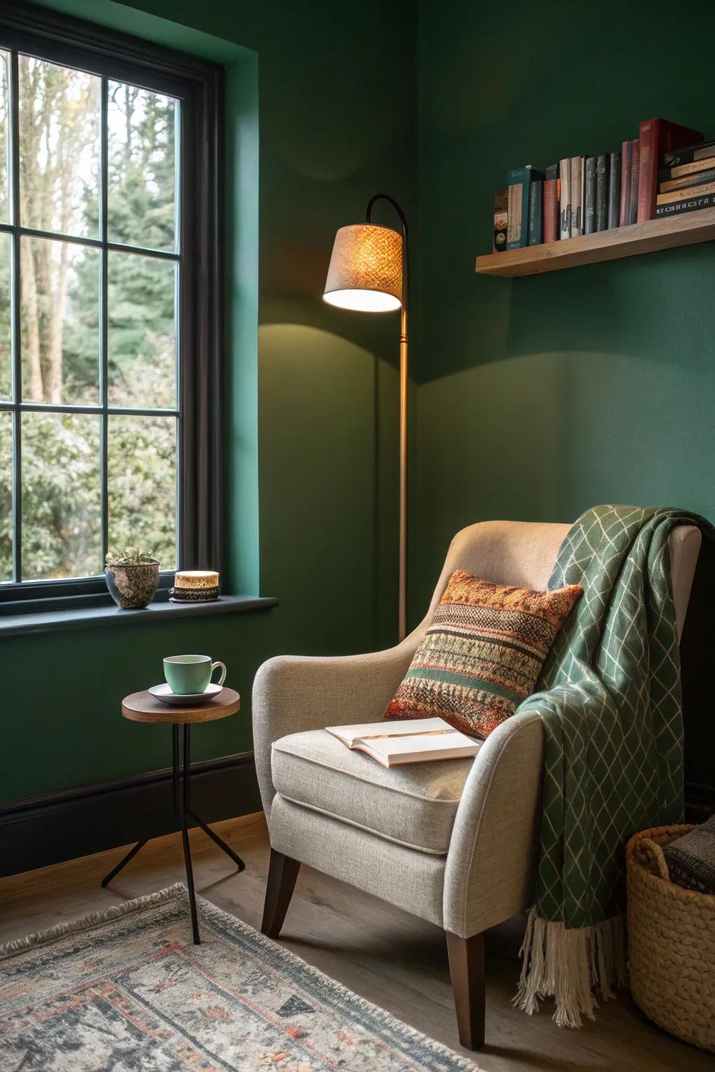 This inviting and cozy reading nook is made complete with a forest green wall.
