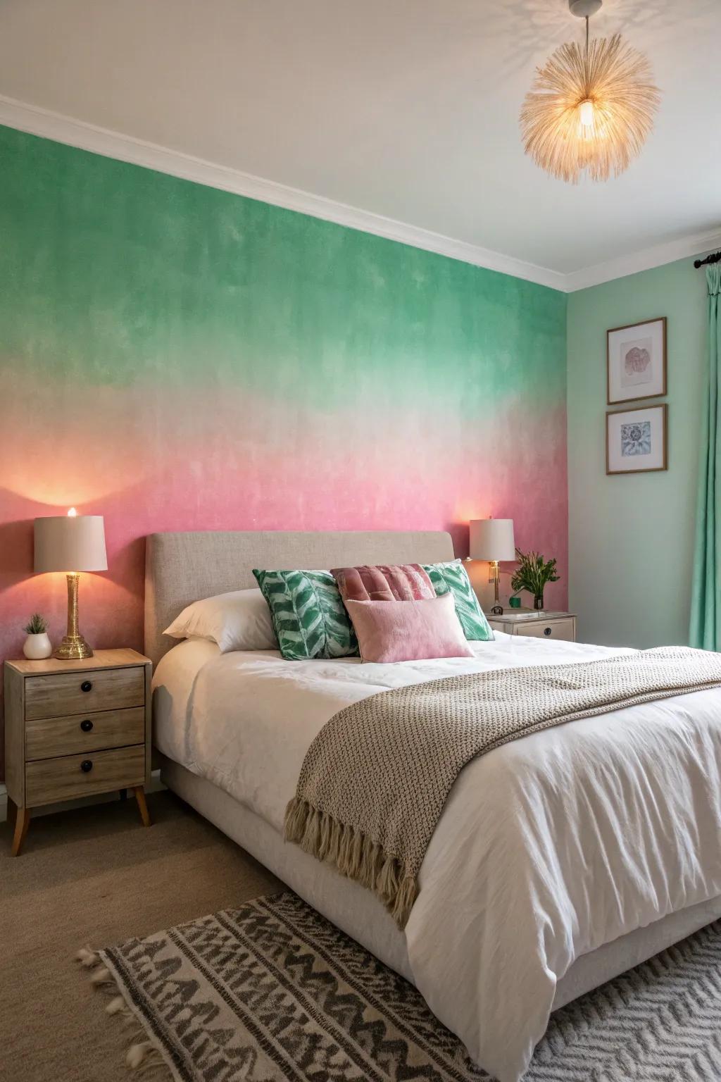 Ombre walls in verdant and rosy tones deliver a distinct and elegant visual.