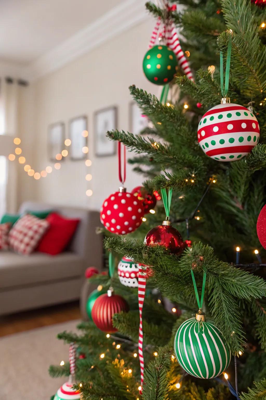 A vibrant Christmas tree showcasing festive red and green designs.