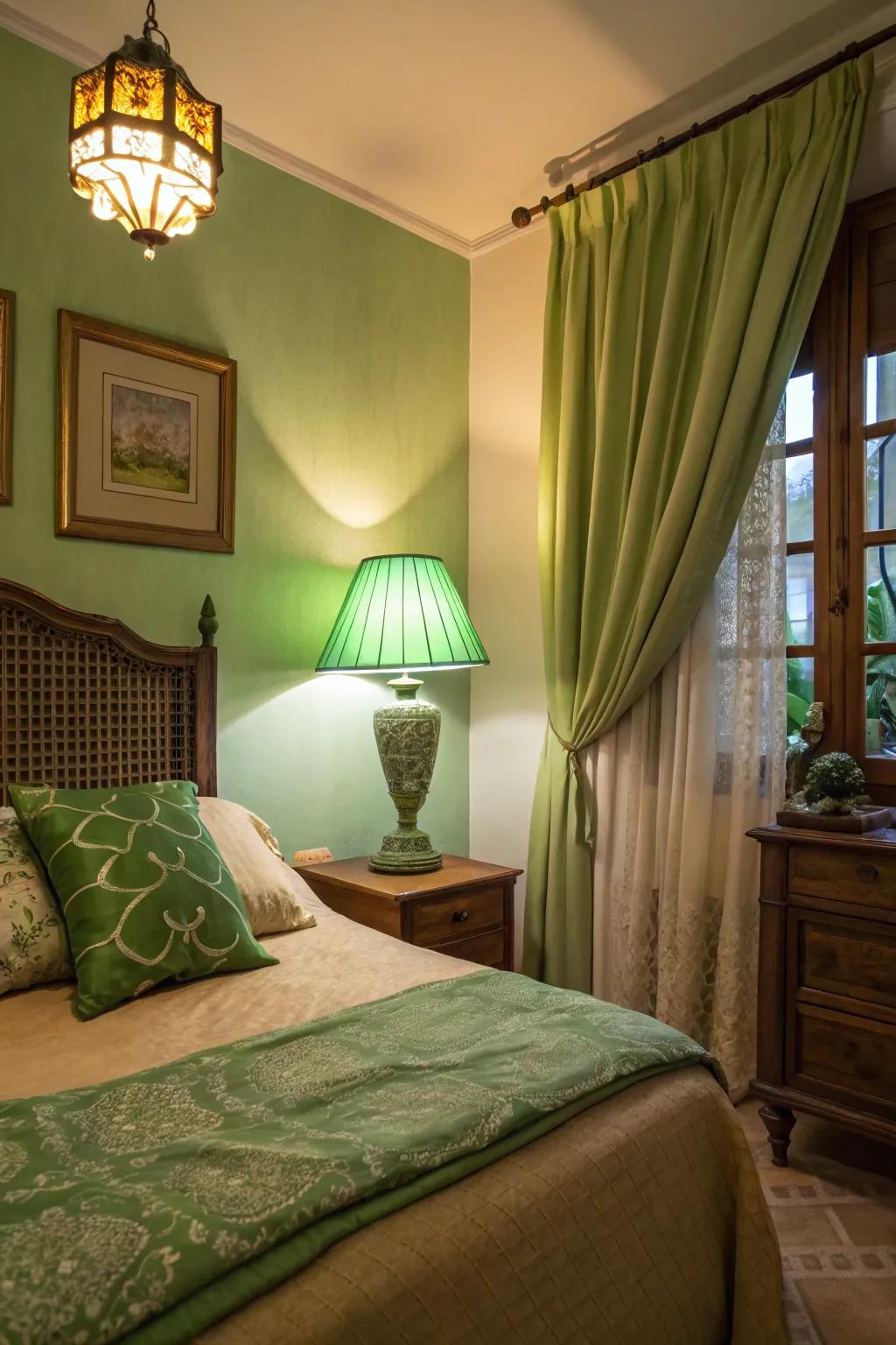 Warm green colors and soft lighting make a comfy bedroom hideaway.