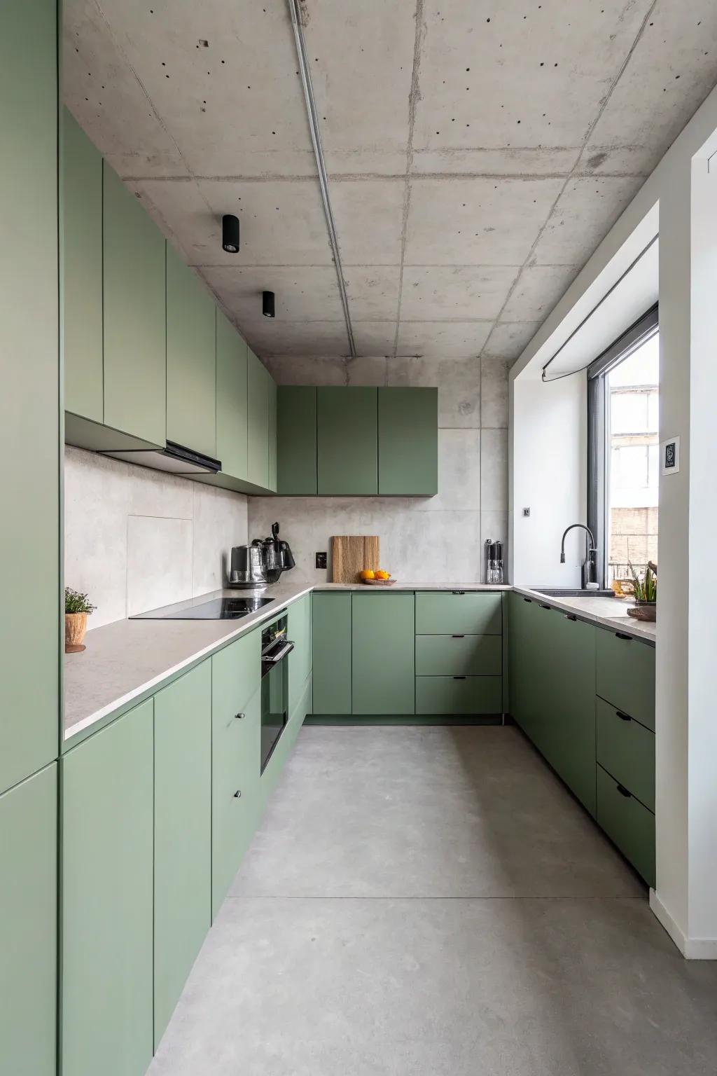 Modern minimalist kitchen featuring sleek matte green cabinets.