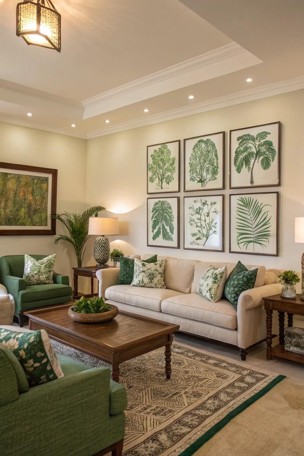 Green-hued artwork injects depth and harmony.