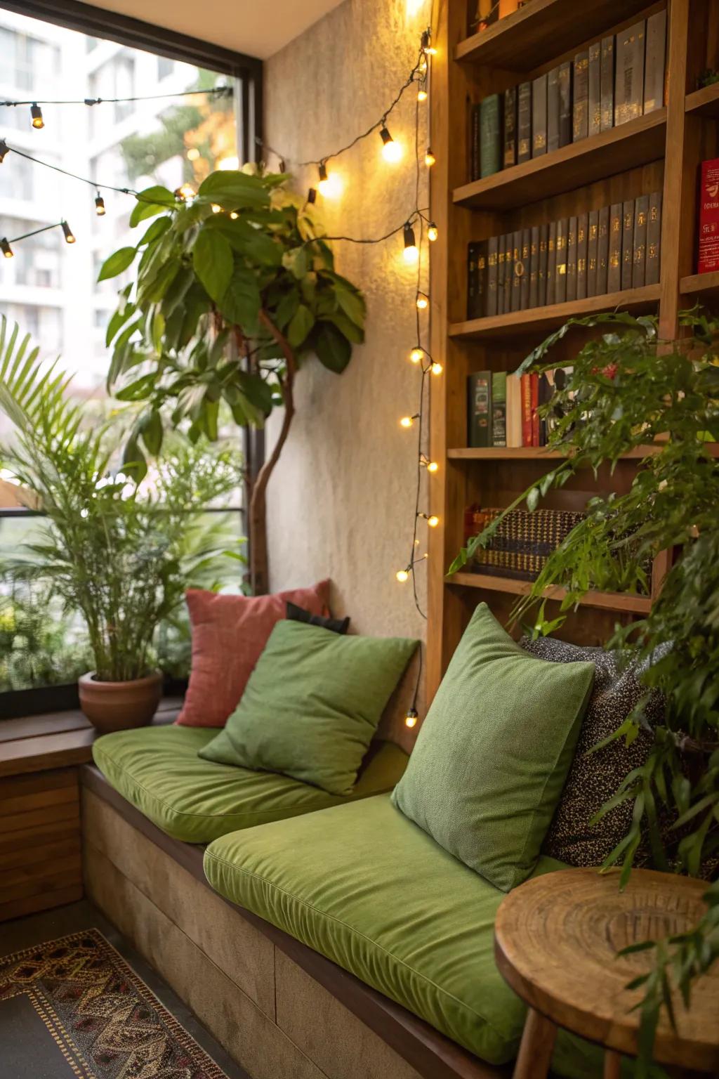 An inviting reading corner showcasing verdant accents.