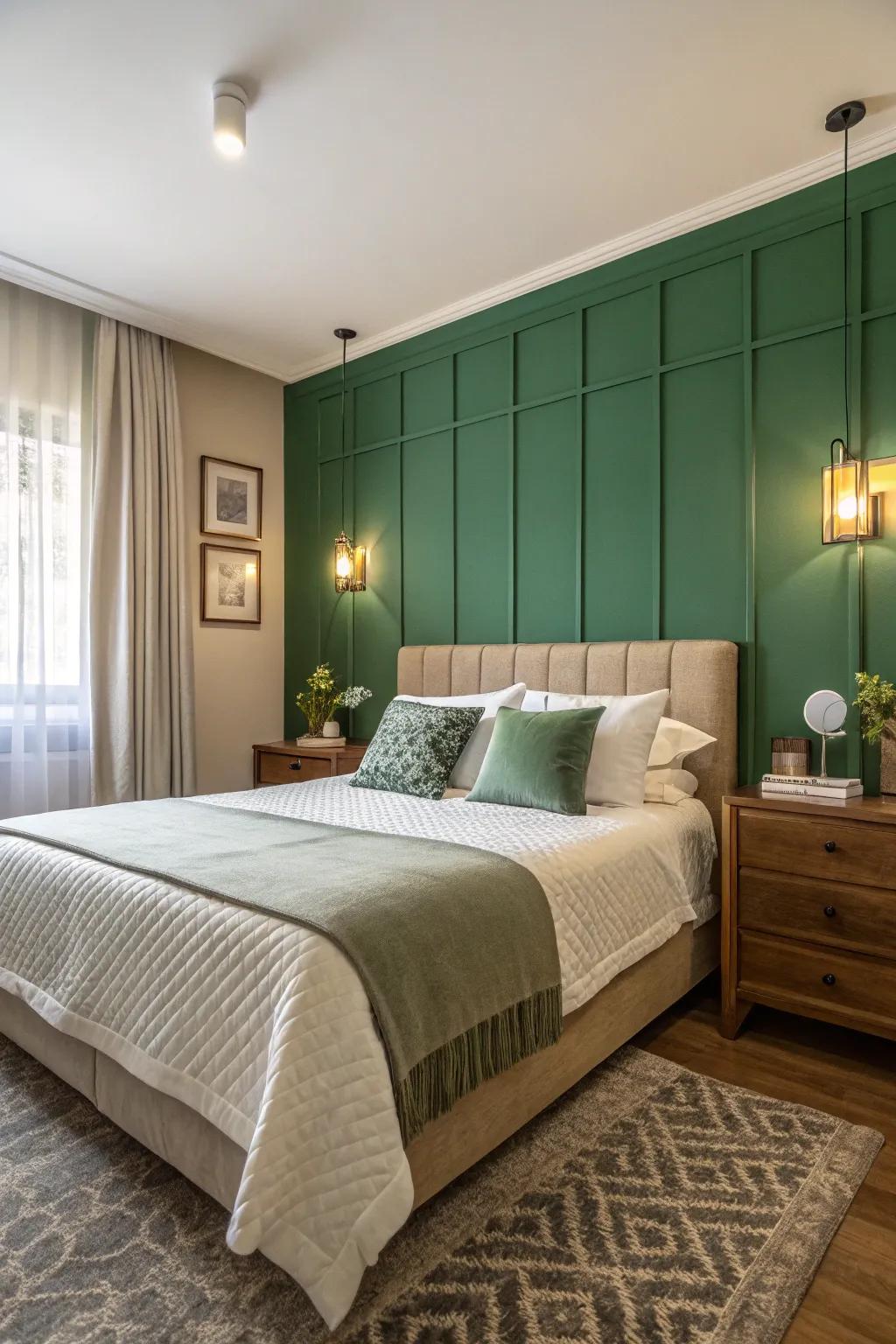 A stylish bedroom that spotlights a verdant highlight wall as a focal element.