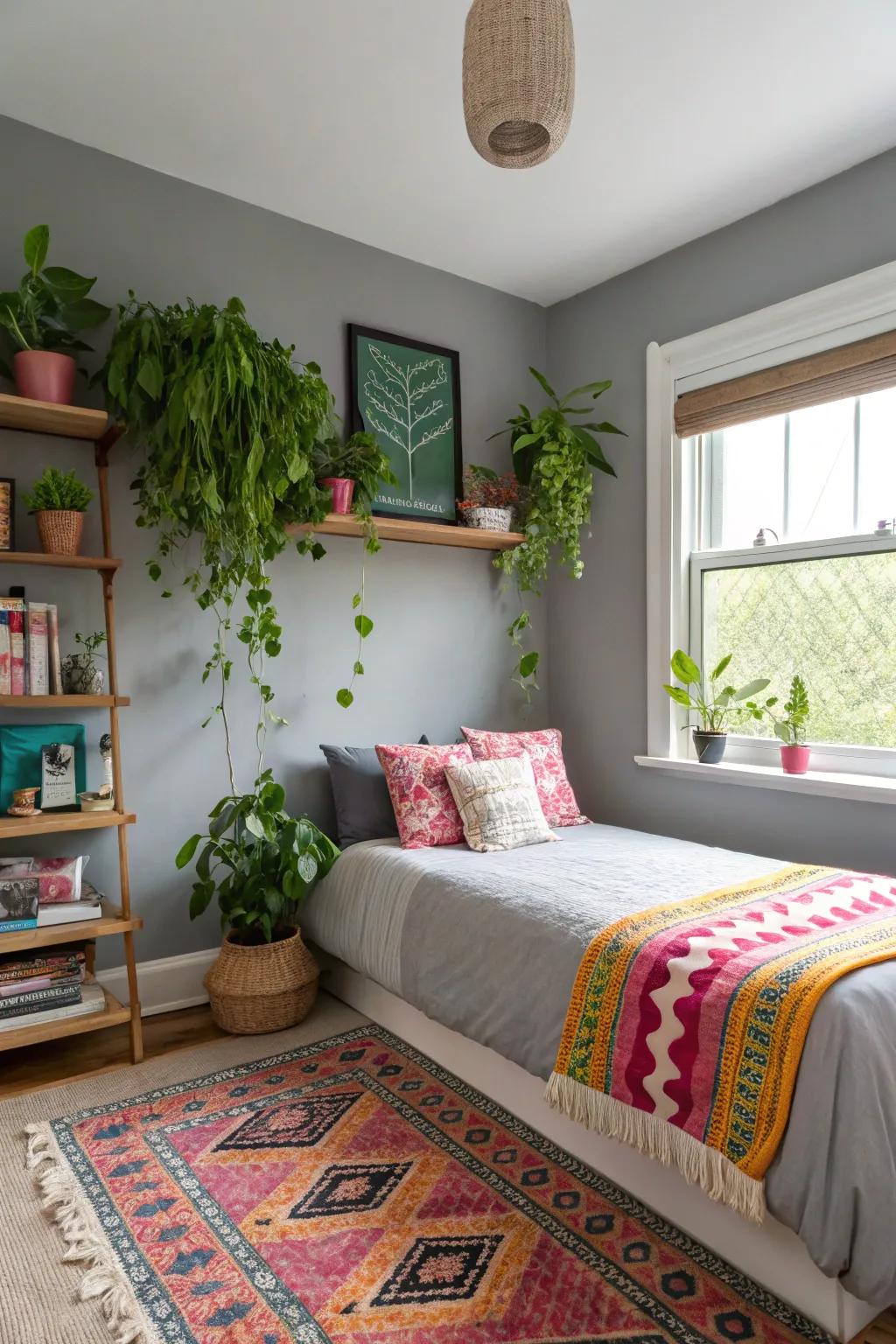 Foliage enlivening a bedroom incorporating a grey-painted focus wall.
