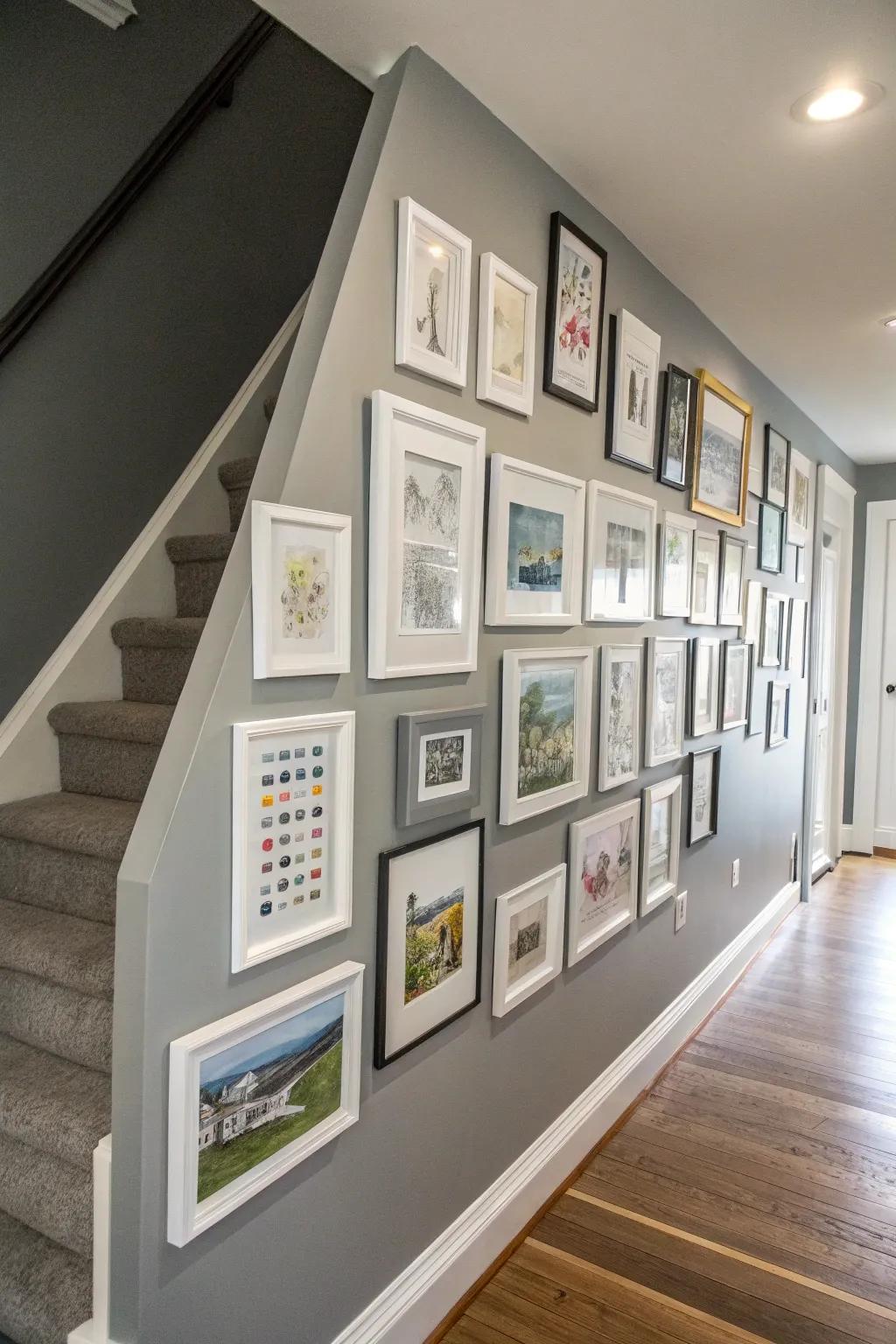 A gallery wall on a grey accent wall.